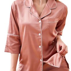 Women'S Ice Silk Leisure Pajamas Set Gongyan Wind Short-Sleeved Pajamas Slot Collar Buttons Soft Pajamas Homewear