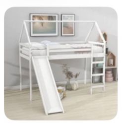 Brand new Twin White Wooden Loft Bed with Slide & House Bed Frame, never assembled and still in original box.