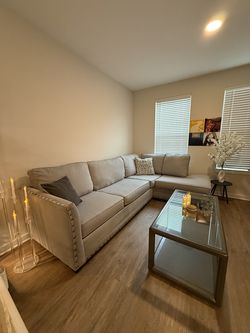 Gray Sectional Couch / Glass Center top coffee table
