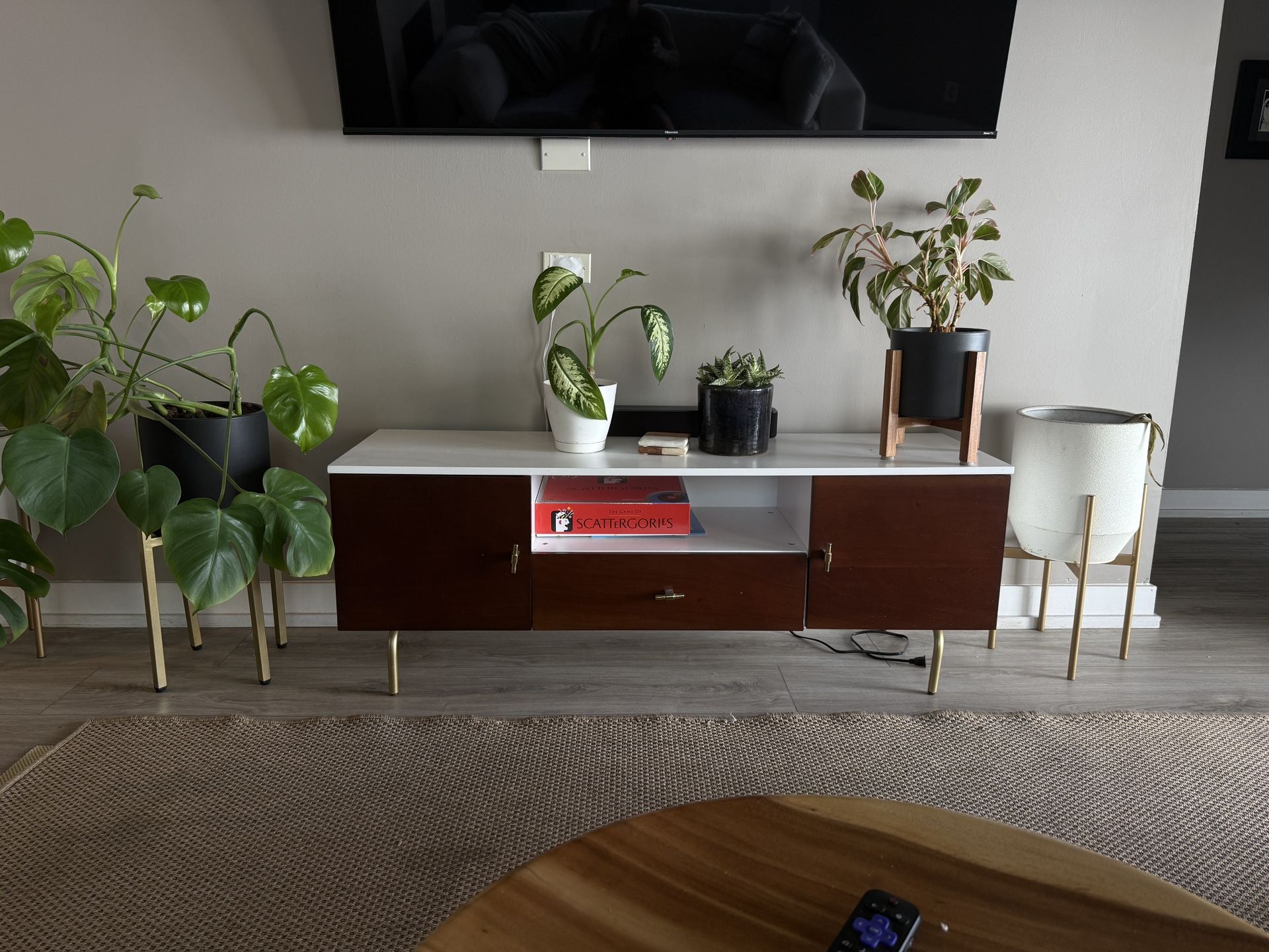 54" Mid-Century Modern Walnut and White Media Stand with Storage