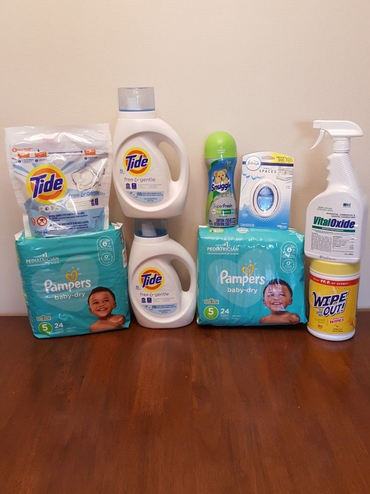 Diapers Pampers#5 and Household Bundle. 2x #5 Pampers, 2x 46oz Free & Gentle Liquid  Tide Detergent, Scent Beads & More Read Descript. $31.00 Price Is