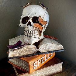 LED Light Halloween Skull Figurine Statue  Spell Book Decor New