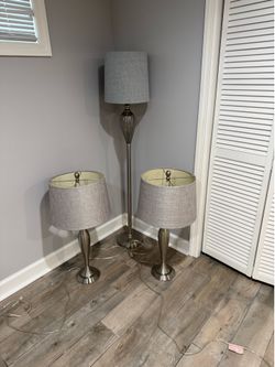 Set of 3 Brushed Nickel / Silver  Lamps Gray Shades - Floor and table lamps.