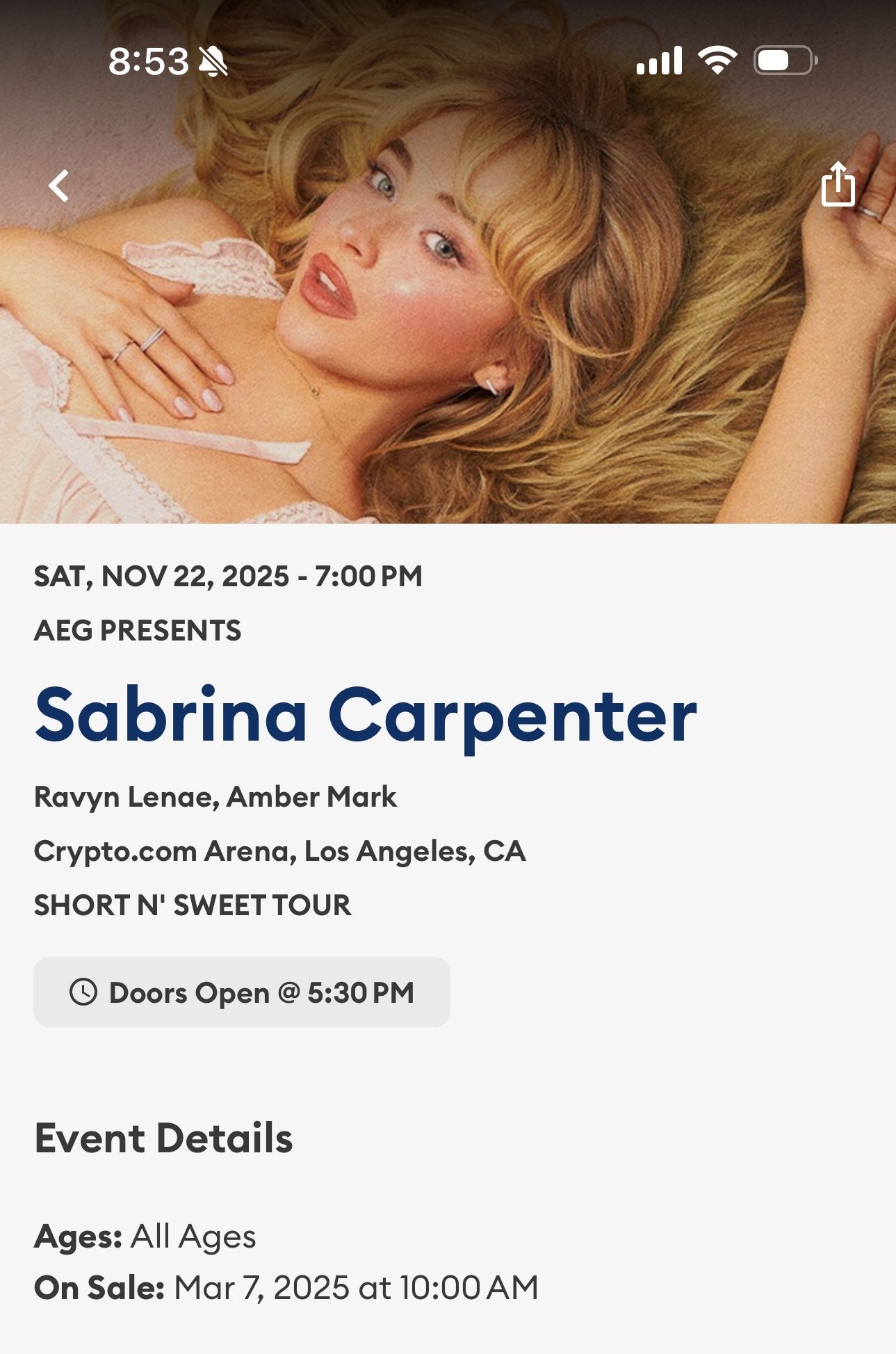 Floor Seats For Sabrina Carpenter Nov 22nd