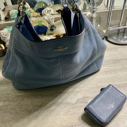 Baby Blue Coach With Coin Purse Wallet and Rebecca  Minkoff tan leather Hobo Bag Gently Used $60 For The 3 Piece Set.