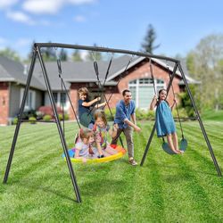 Hapfan Heavy Duty 500lbs Metal Swing Set for Backyard with Saucer, Outdoor Triple Swing, Easy to Assemble