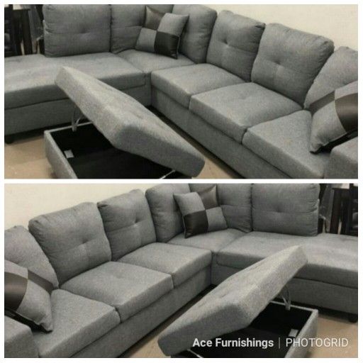 Brand New Grey Denim Linen Fabric Sectional With Storage Ottoman