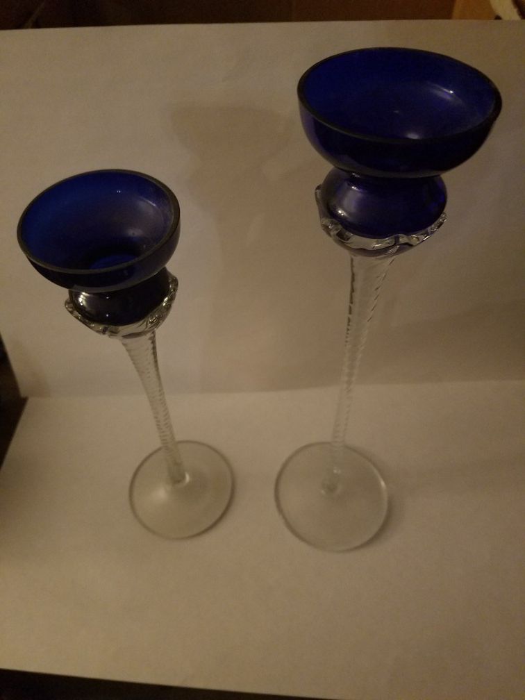 Pair of Romanian Cobalt Blue And Clear Crystal Swirl Stem Candle Holders.