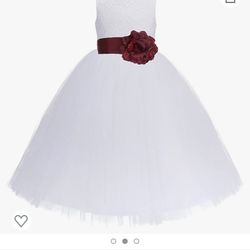 Flower Girl White Dress With Burgundy Bow