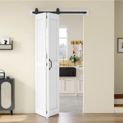 Barn Door 42'' x 84'',Bi-Fold Sliding Closet Doors with Hardware Kit Included,46'' Track Kit for 2 Doors,Waterproof, Pre-Drilled Holes Easy Assembly,W