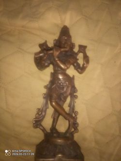 8" Lord VISHNU Rare Antique Bronze  w/flute Beautifully Detailed Figure Statue