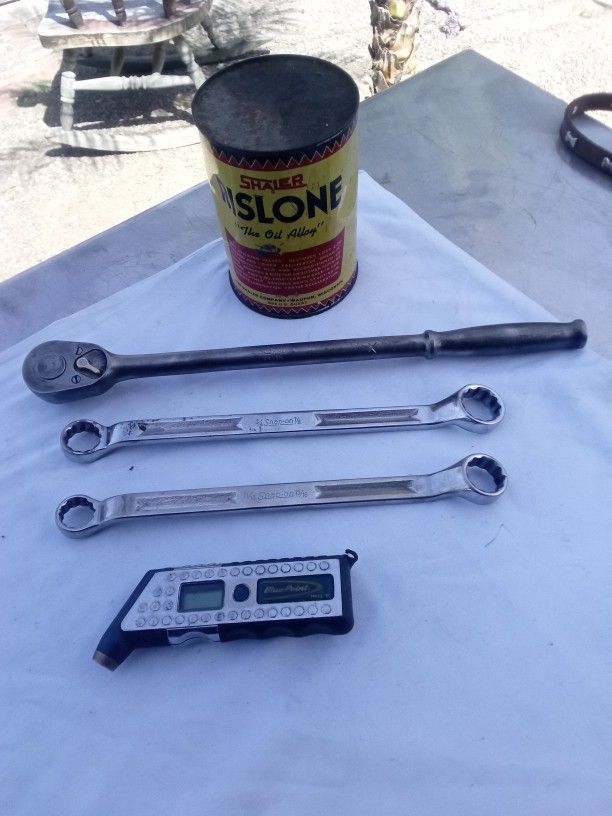 VINTAGE OIL CAN , TOOLS & AIR GAUGE