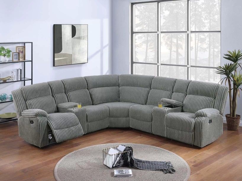 Brand New Grey Corduroy Reclining Sectional Sofa