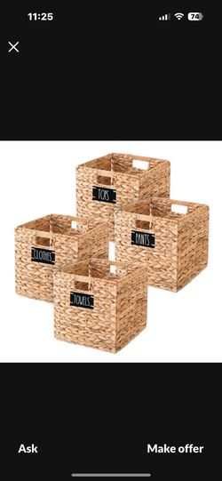 Wicker Storage Basket, Cube Baskets, Rattan Cube Storage Bins, Water Hyacinth Storage Cubes, Square Storage Baskets For Laundry Shelves, Set Of 4 PCS