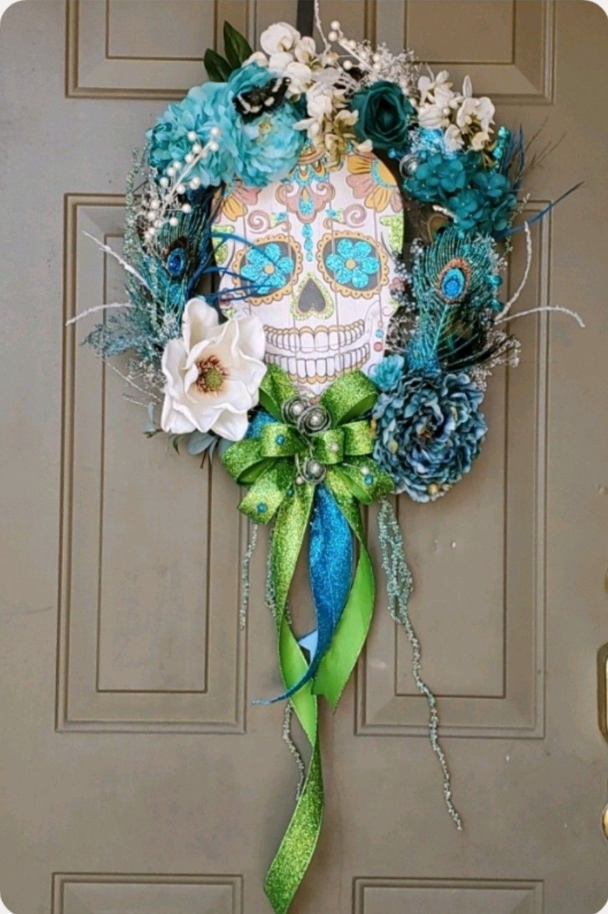 HANDMADE TURQUOISE, GREEN & WHITE SUGAR SKULL WREATH - 1 of a Kind