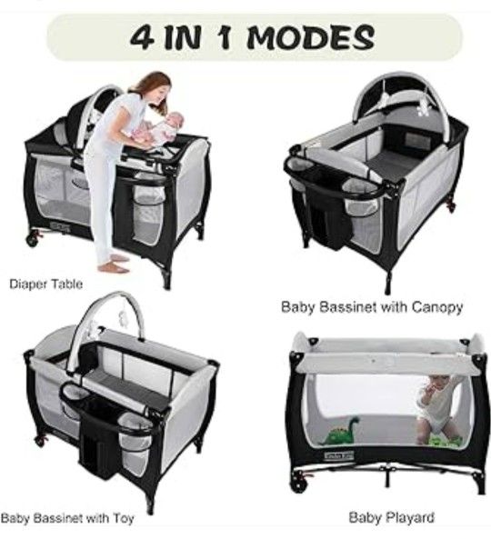 NEW! Kinder King 4 In 1 Portable Pack N Play Baby Nursery Center. Dark And Light Grey Color