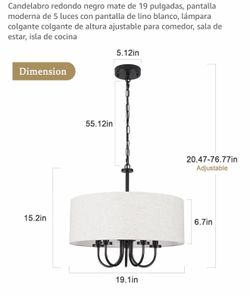 Candelabro redondo negro mate de 19 pulgadas, pantalla moderna de 5 luces con pantalla de lino blanco, lámpara colgante colgante de altura ajustable p