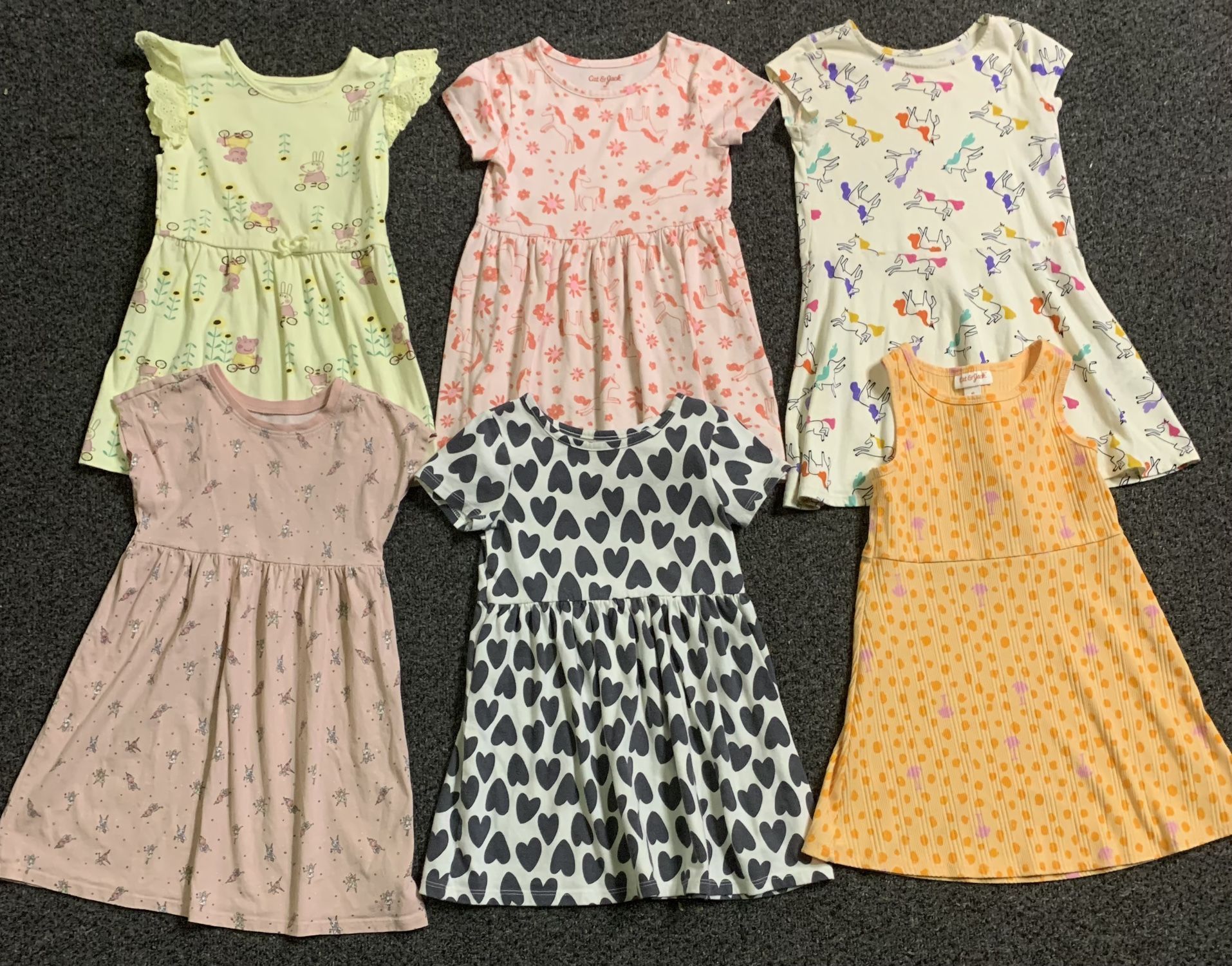 Bundle of 6 girls size 4T summer dresses - Peppa Pig, unicorns, fairies, hearts, palm trees