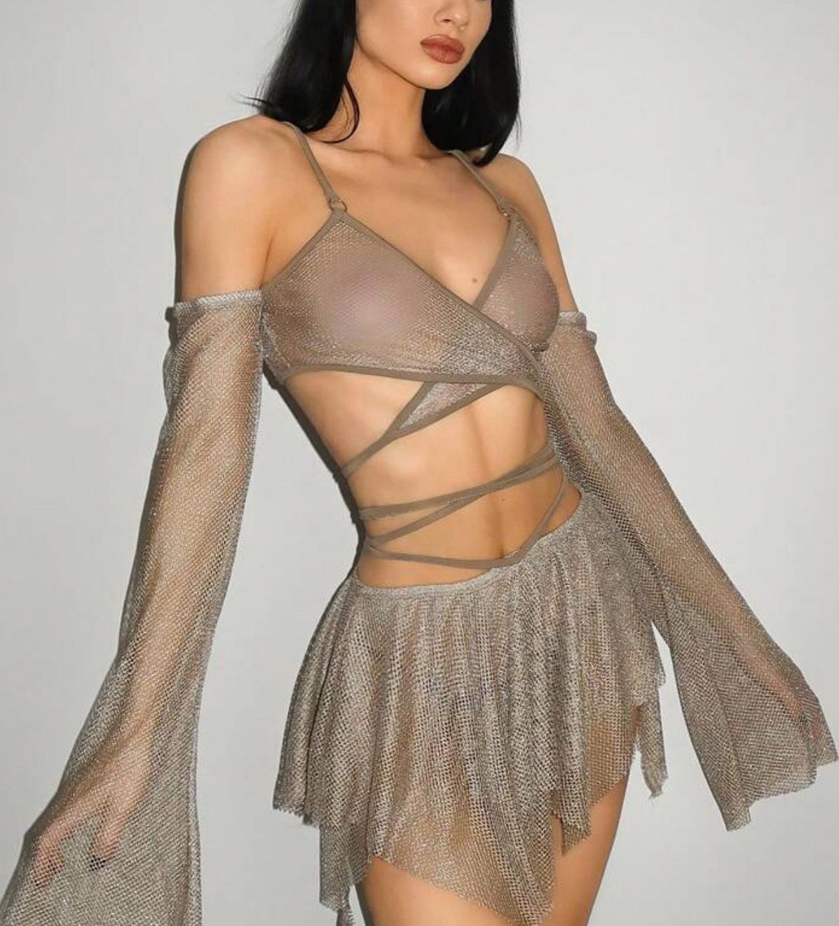 Mesh Rave Outfit - Skirt, Top, Sleeves Size S