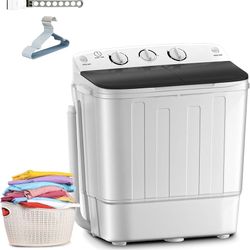 Portable Mini Twin Tub 18lbs Washing Machine With Spinner 11lbs Washer & 7lbs Spinner with Drying Rack, 10 Hangers, Small Laundry Washer with Time Con