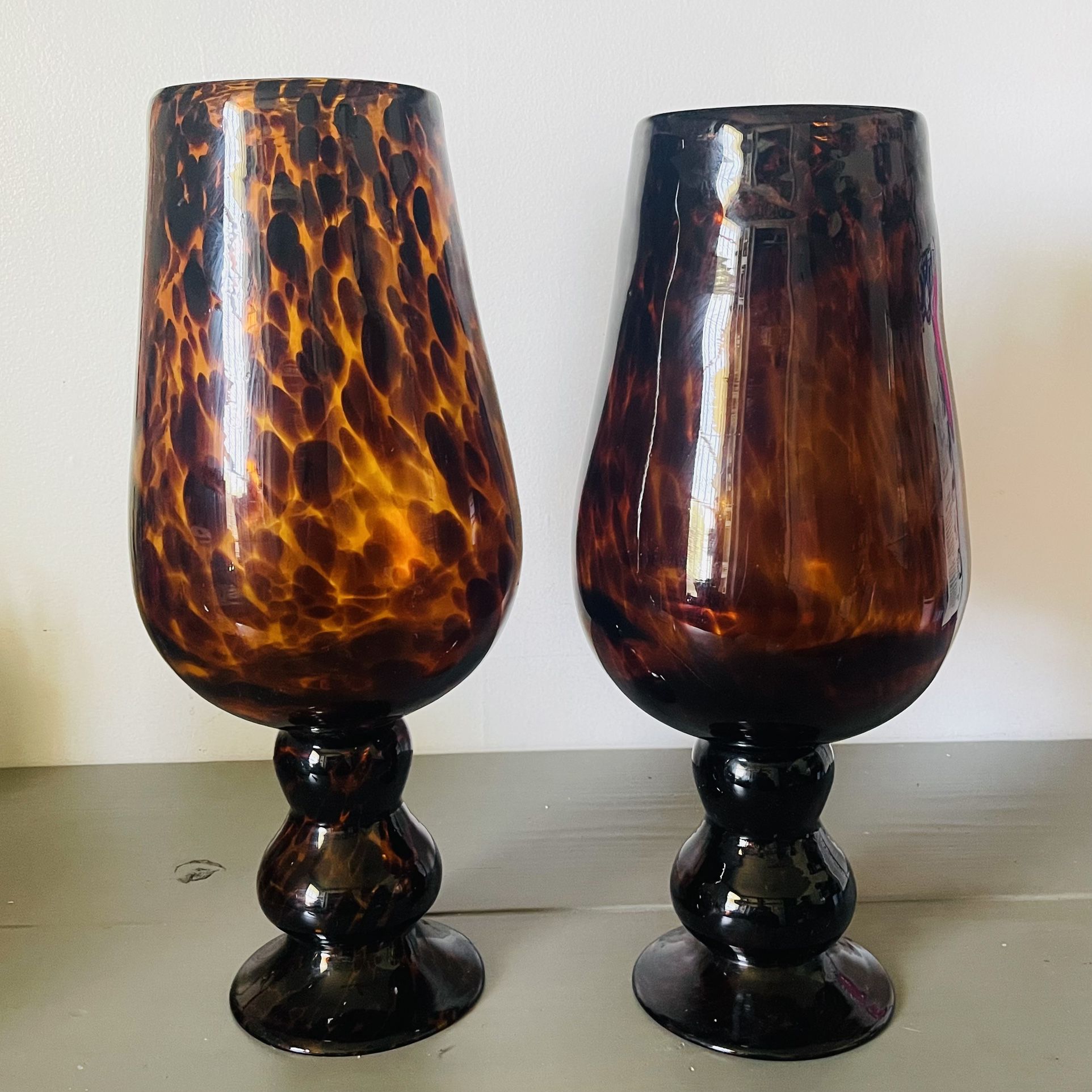 Set Of 2 Vintage Tortoise Hand Blown Glass Pedestal Vase 17” Tall