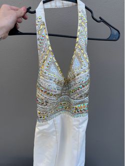 Josh and Jazz White Formal Beaded Sequin V-Neck Sleeveless Maxi Dress 1/2
