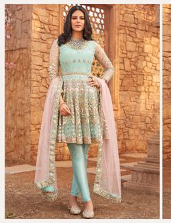 Dusty Mint and Pink Embroidered Peplum Anarkali