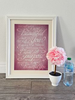 Girl’s room decor famed wall poster photo and faux flower in white pot