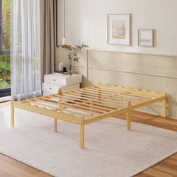 14 Inch Natural Bamboo Queen Size Bed Frame, Warm Tone Modern Style, Heavy-Duty Platform Bed, Wave-Shaped Design to Prevent Mattress Slipping, Squeak-