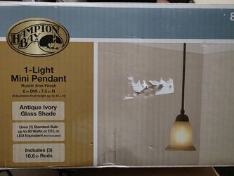 Hampton bay 1-light mini pendant rustic iron finish with antique ivory glass shade