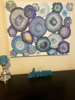 This beautiful oil on canvas gemstones is much brighter than the picture shows. Beautiful, turquoise, purples, etc.. quite a conversational piece. Tru