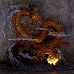 This item is a 46cm tall, high-quality collectible statue featuring the golden Shenron dragon with Kid Goku from the Dragon Ball series