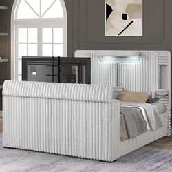 UPHOLSTERY PLATFORM BED WITH TV HOLDER NEW IN BOX 