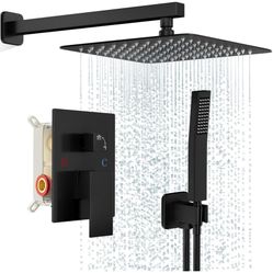 Black Shower Faucet Set, Rainfall Shower System with Rain Shower Head and Handle Set, Wall Mounted Shower Fixtures, Full Metal Trim Repair Kit 10 inch
