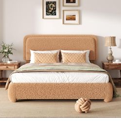 wirpexhowak Full Size Boucle Platform Bed Frame with Adjustable Headboard (3 Heights), Upholstered Cloud Bed, Soft Rounded Corners, No Box Spring Need