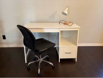 White Desk with Drawers, Black Office Chair & White Desk Lamp
