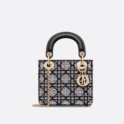 Mini Lady Dior Bag w/ Black Beads & Silver-Tone Strass
