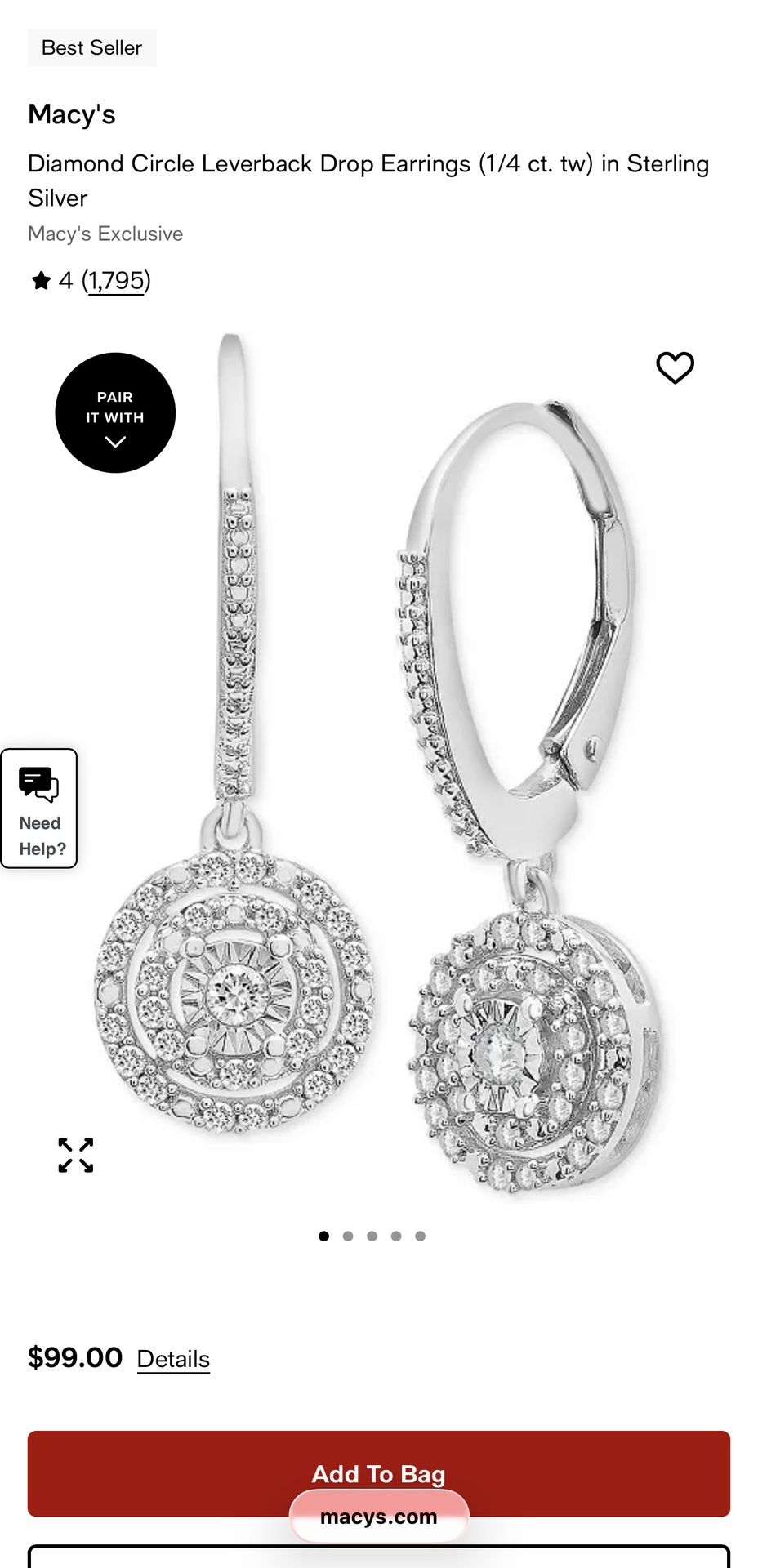 Macy’s Diamond Circle Leverback Drop Earrings (1/4 ct. tw) in Sterling Silver