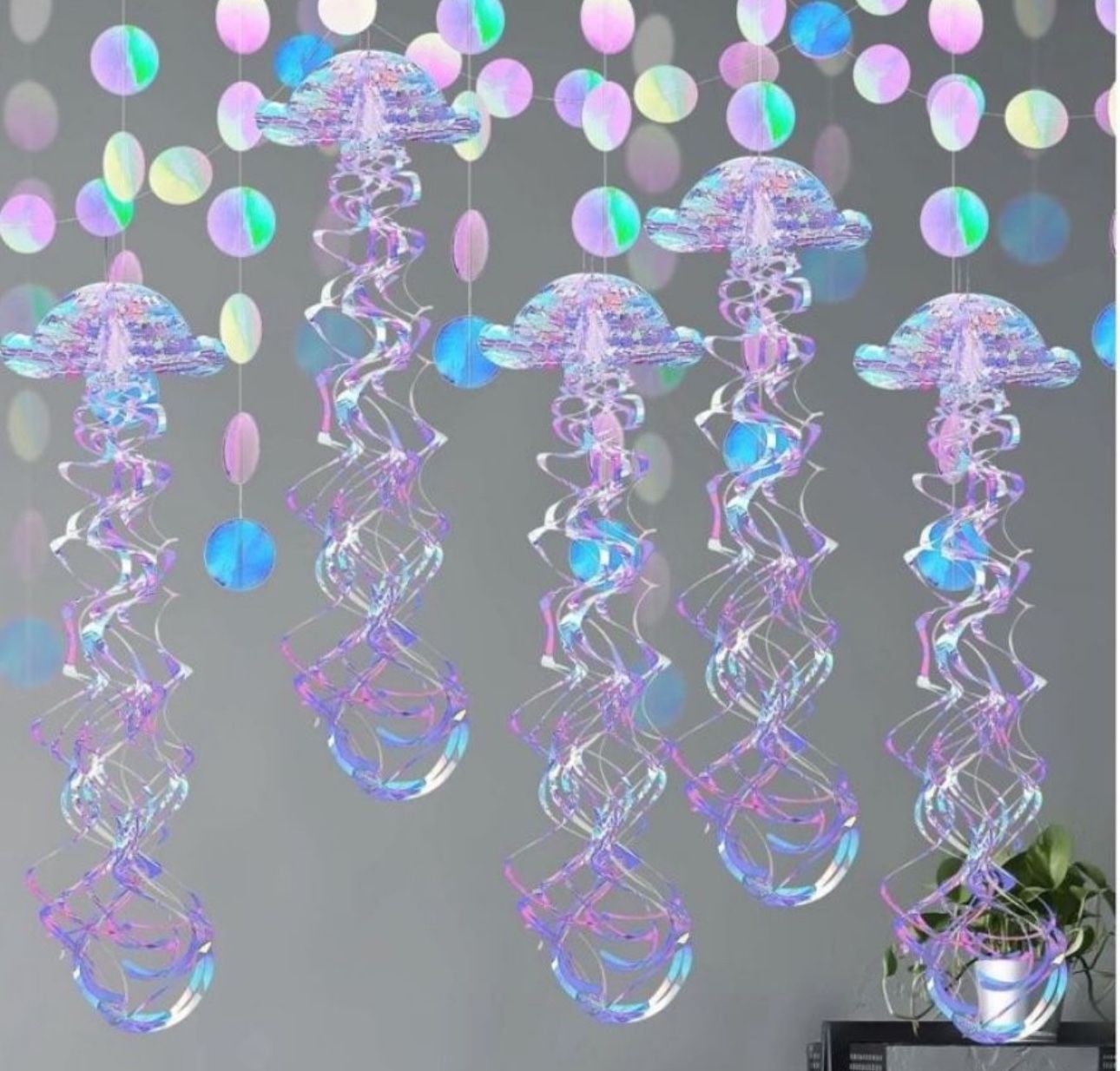 10 Pcs Glitter Iridescent Jellyfish Hanging for Under The Sea Party Decorations