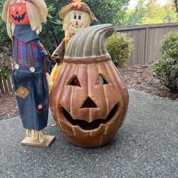 Large Clay Pumpkin And 2 scarecrow Halloween Decorate