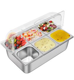 Countertop Food Display Container Ice Food Serving Tray 6 Pans Buffet Condiment Dispenser - Salad Dressing Appetizer Spice Fruit Cold Serving Station