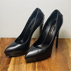 SAINT LAURENT Paris Lace Up Janis Black Leather Pointed Toe Pumps Size 38.5 EU