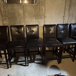 6 Brown Leather Bar Stools With Wood Legs