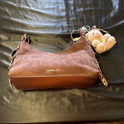 Madden Girl Brown Suede Shoulder Hobo Bag Leopard Strap & Teddy Bear Charm