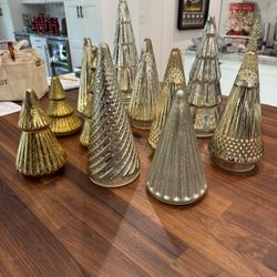 Mercury Glass Christmas Trees Battery Operated With Lights – Set of 11 (Gold & Silver)