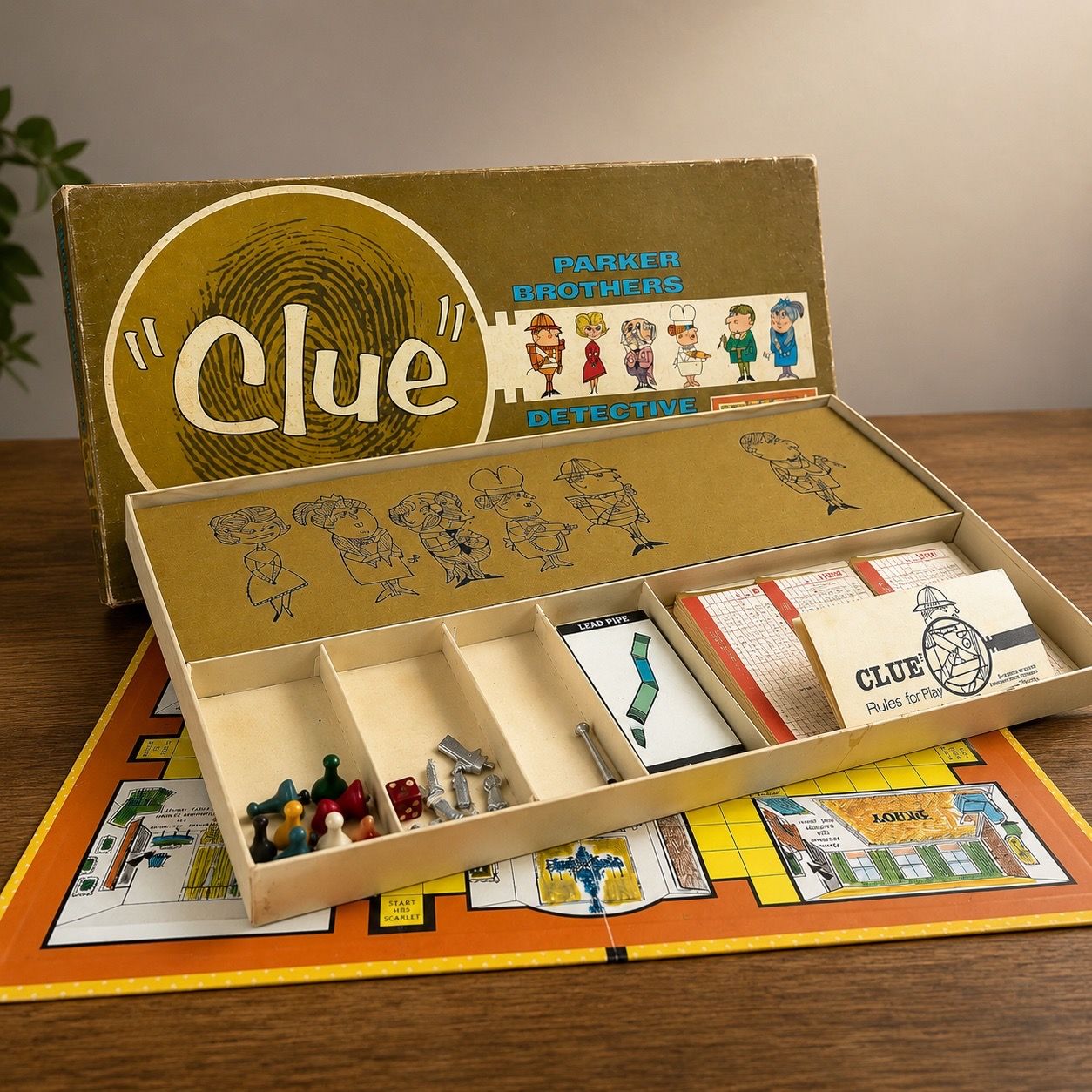 Vintage 1950s Clue Parker Brothers Detective Game Gold Box Fingerprint