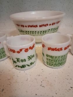 Vintage Hazel Atlas Milk Glass Egg Nog punch bowl with 6 cups
