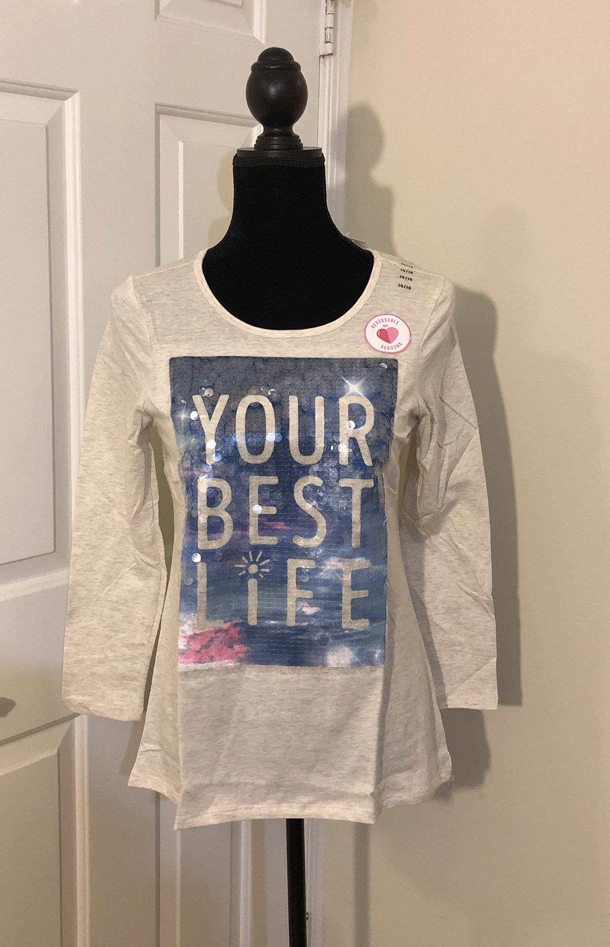 Justice “Your Best Life” Shirt..Girls Size 14/16...RTP. $26 Cream With Reversible Sequins...