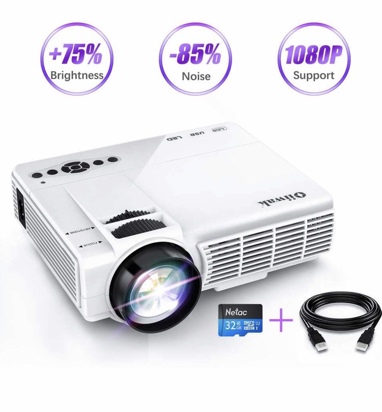 Mini Projector, Full HD 1080P and 170'' Support, Oiiwak 2600 Lumen Portable Movie Projector with +75% Brightness, LED Video Projector, Compatible wit