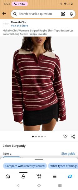 Striped Burgundy White Knit Polo Neck Pullover Sweater Women L Long Sleeve
